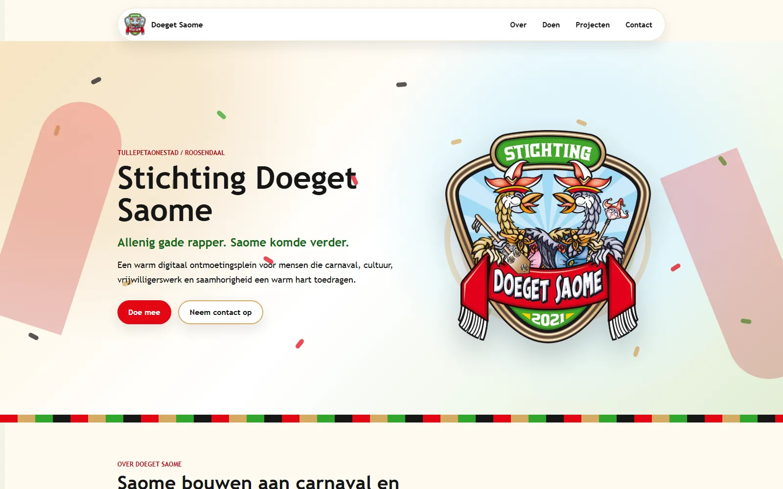 Homepage van Stichting Doeget Saome in warme carnavalsstijl