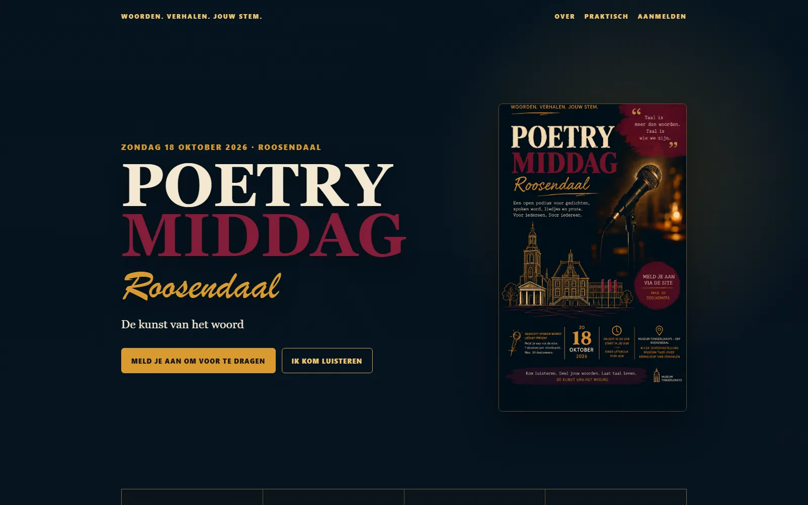 Donkere redactionele homepage van Poetry Roosendaal