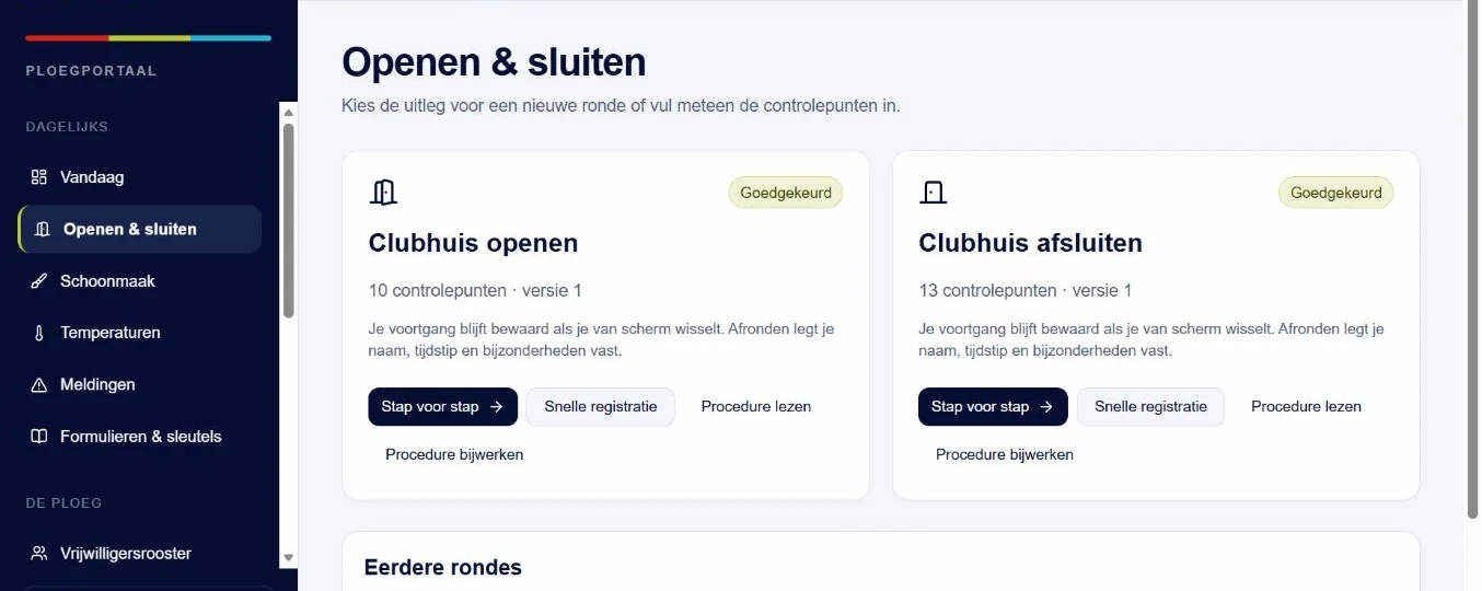 Scherm uit het WECR-ploegportaal met procedures voor het openen en sluiten van het clubhuis
