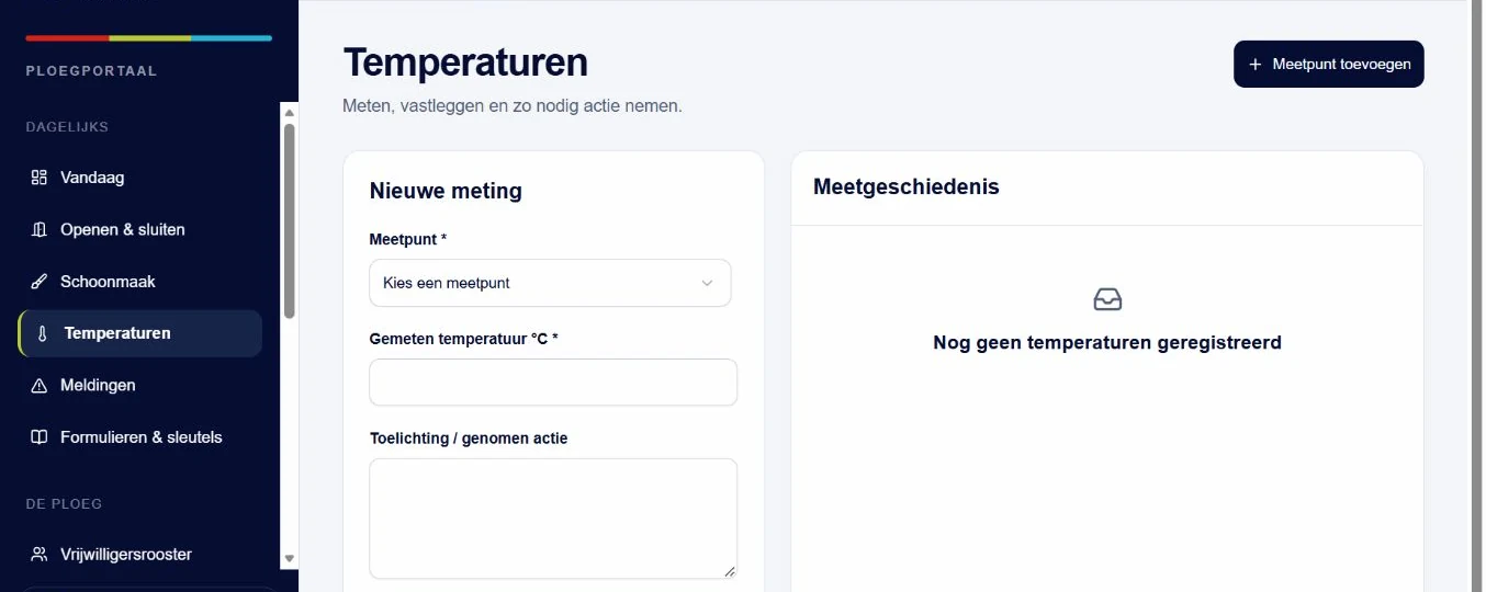 WECR-ploegportaal met het scherm voor temperatuurregistratie